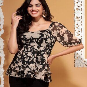 Women’s Black Floral Smocked Peplum Top Square Neck Puff Short Sleeves